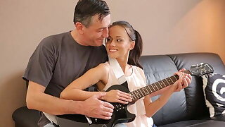 OLD4K. Superannuated musician plays guitar for teen babe then he fucks their way